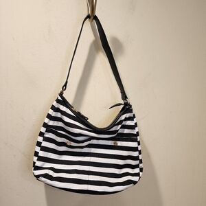 Lands End Chic Striped Black and White Shoulder Bag